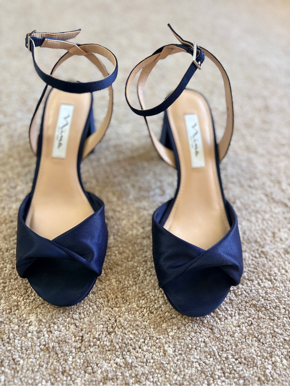 Nina Navy Satin Open-Toe Ankle-Strap Heels